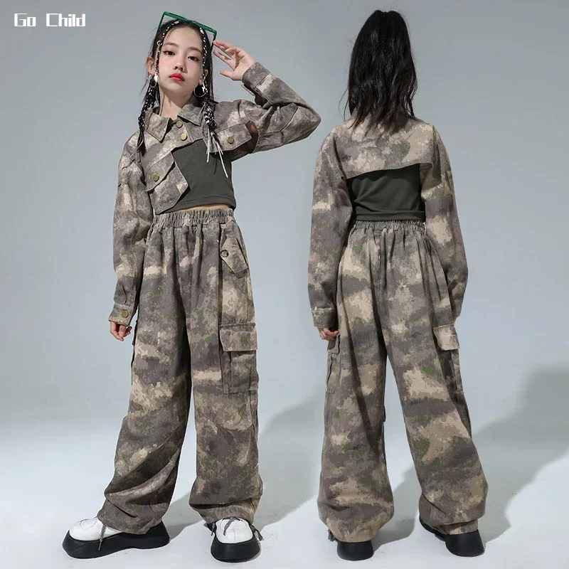 Girls Hip Hop Camouflage Cropped Jacket Cargo Pants Street Dance Clothes Set Kids Jazz Military Joggers Costume Child Streetwear