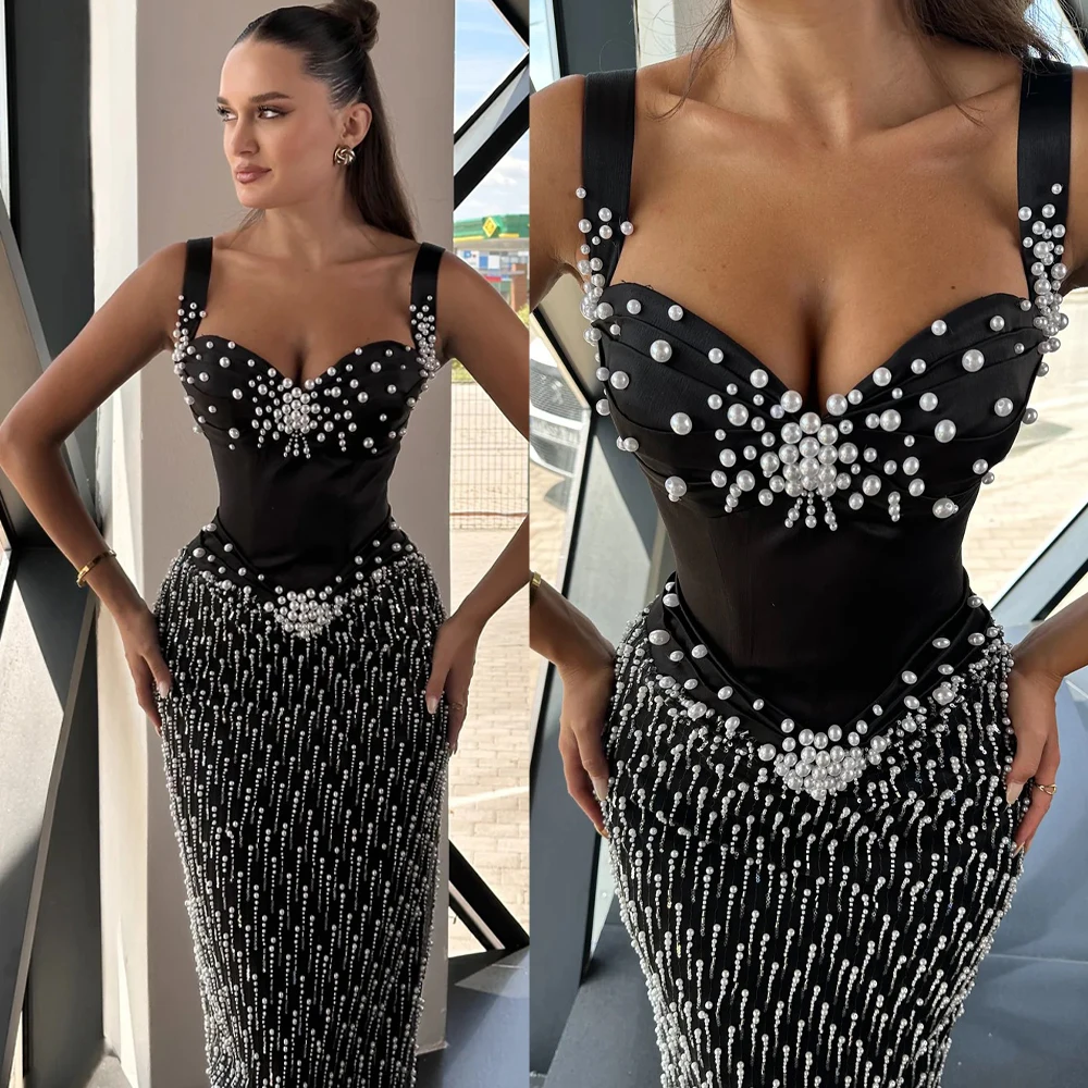 

Sexy Mermaid Prom Dresses Spaghetti Straps Pearls Beading Vestido De Noche Evening Gowns Customized Formal Wear