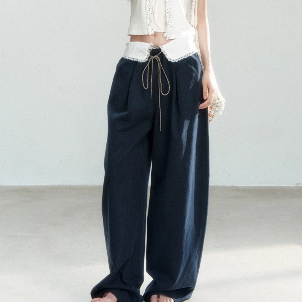 TWOTWINSTYLE Blue Spliced Lace Chic Trousers Female High Waist Loose Korean Minimalist Women's Wide Leg Pants Autumn New Fashion