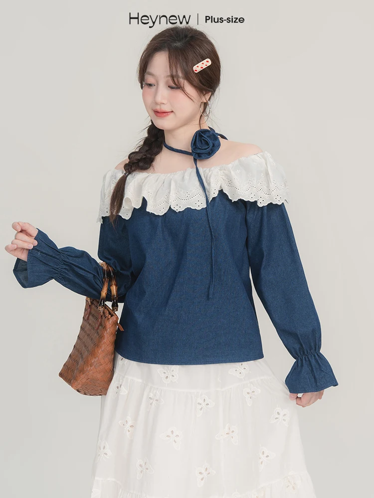 

Heynew plus Size Women's Fashion Floral Trim Collar One Shoulder Long Sleeve Spring New Style Lazy Top Cotton Spandex Blend