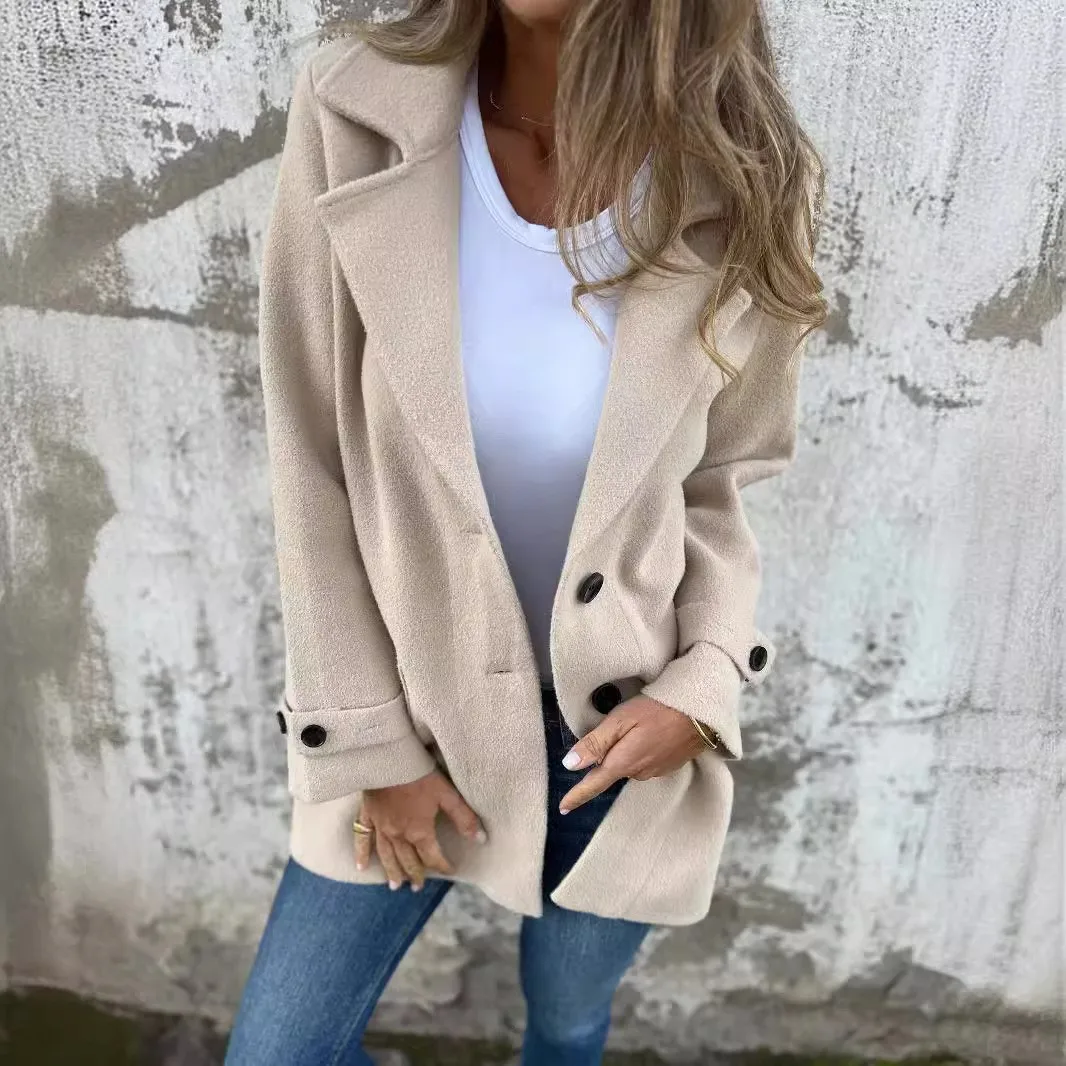 Women's Winter Coat Black Single Breasted Long Sleeve Jacket Beige Loose Fit Notched Lapel Outerwear Tan Double Breasted Wool