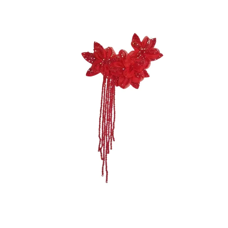 Bridal Tassel Crystal Chiffon Flower Brooch Sticker Fabric Embroidery Cloth Sticker Cheongsam Dress Wedding Dress DIY