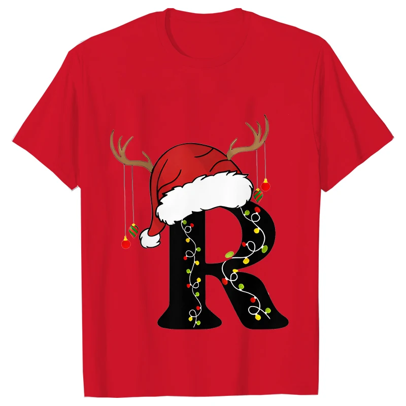 26 A~Z Christmas Alphabet Print T-Shirts Christmas Party Personality Street Christmas Lights Tee Clothing Casual Women Tops