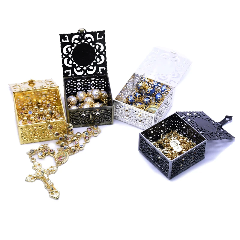 Rosary Bead Box Necklace Metal Christian Catholic Religious Jewelry Case Storage Necklaces Packing Box Gift New