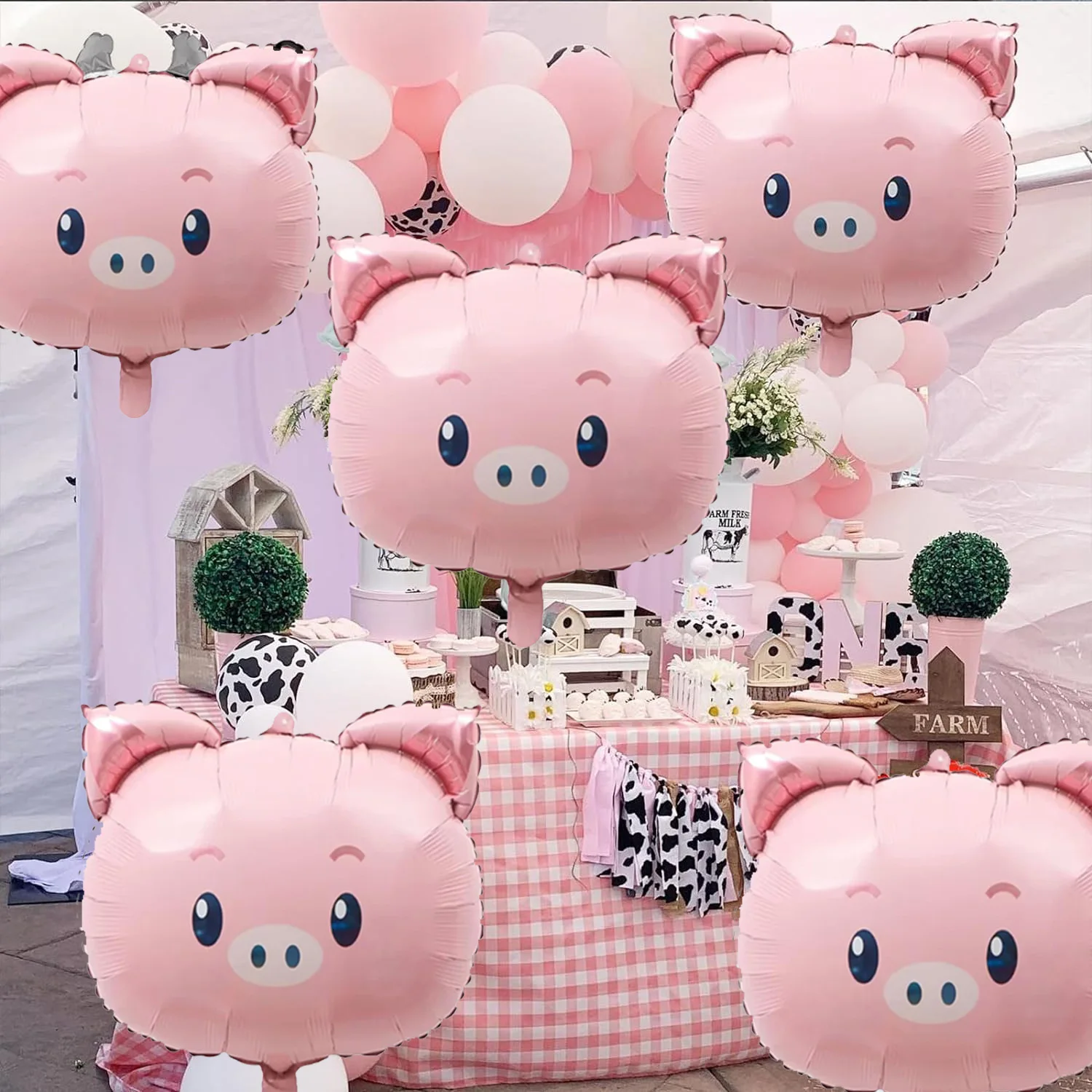 5pcs Q-version pig head aluminum film balloon suitable for jungle animal farm zoo themed birthday baby shower party decoration