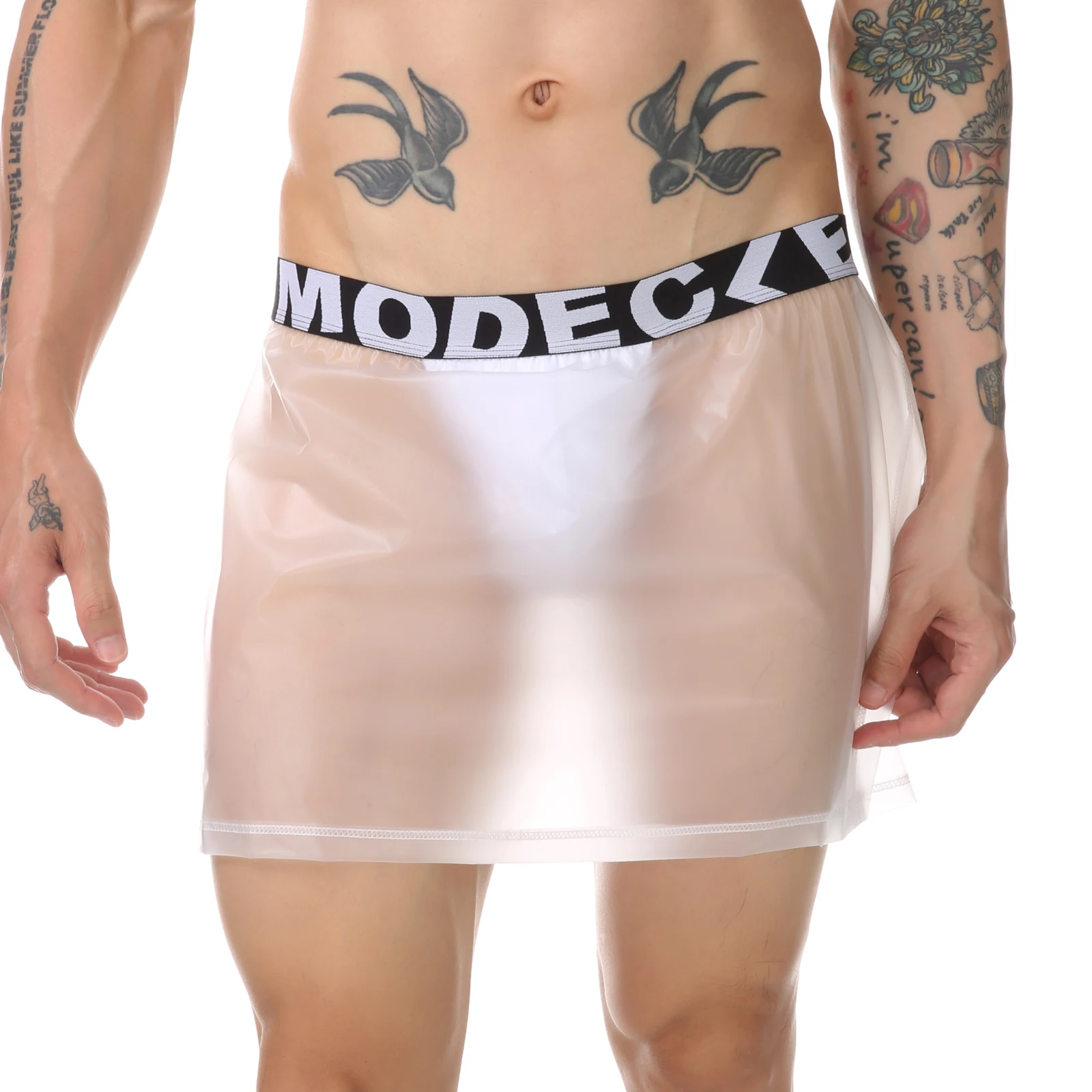 

Мужские сексуальные прозрачные боковые разрез бедер защита от воды короткая юбка брюки внутренняя высокая вилка талия выпуклый мешочек трусы мужские плавки