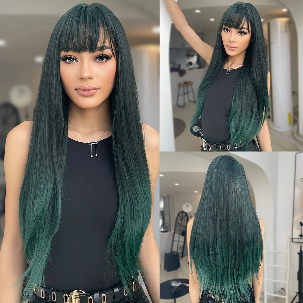 ウィッグ ロング ストレート ウエーブ 女性のための長いワインレッドストレートウィッグ、合成毛、フリンジ
