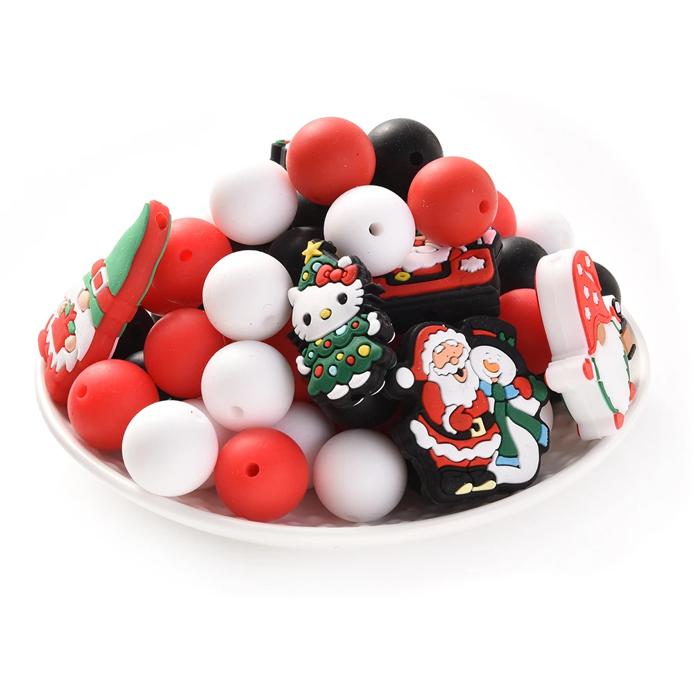 66Pcs New Round 15mm Silicone Beads Christmas Series Santa Kitty Spacer Beads For Jewelry Making DIY Jewelry Materia Accessories