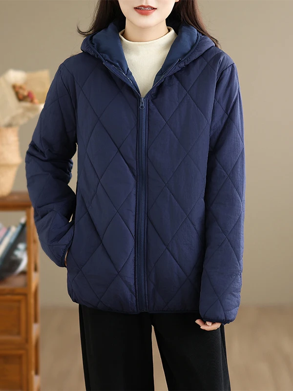 Casual Cotton Jacket for Couples Autumn Winter Unisex Diamond Grid Patterned Hooded Versatile Thickened Long Sleeve Zipper Coat