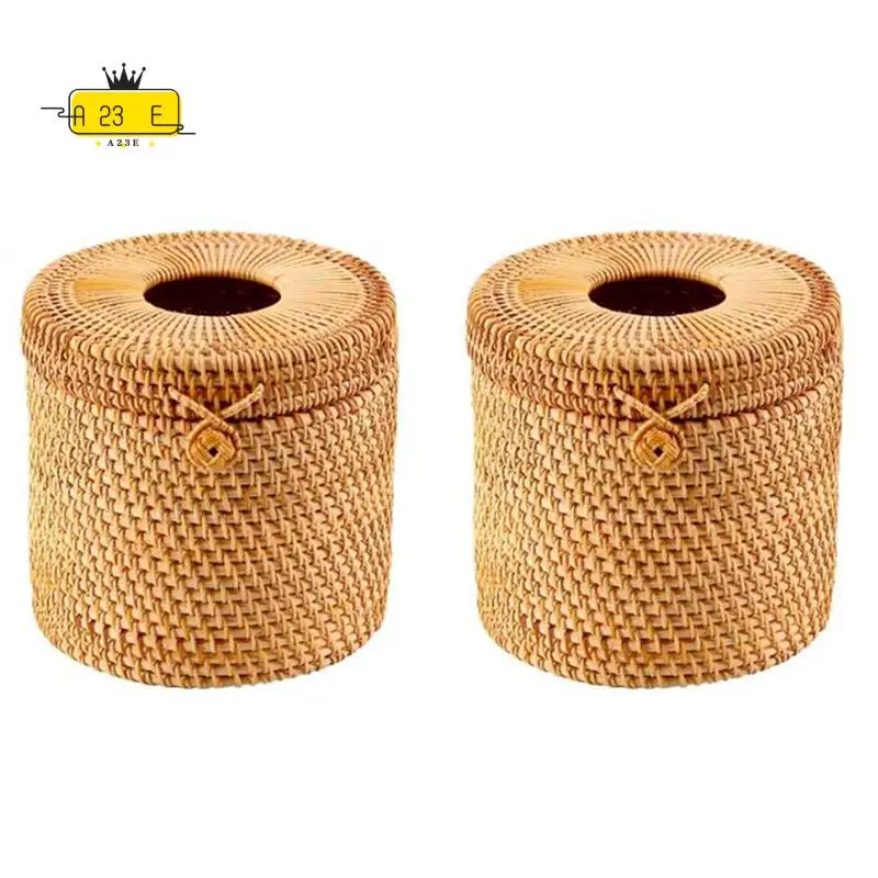 A23E-2Pcs Rattan Tissue Box Toilet Paper Cover Wicker Decorative Holders With Lid For Storage Single Roll And Tissues