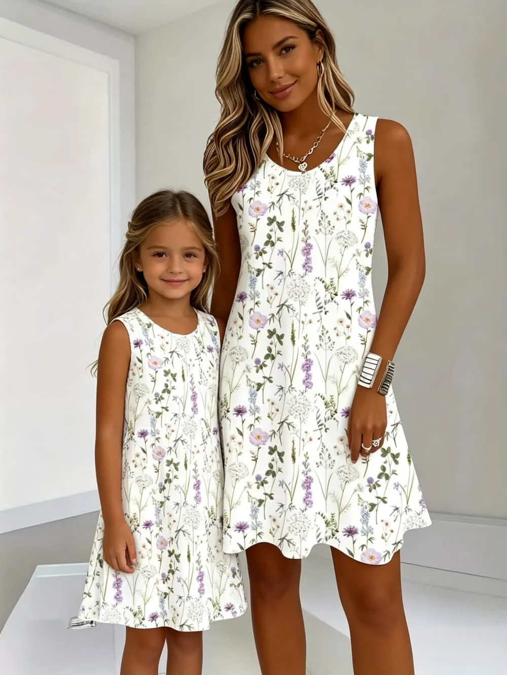Women's Sleeveless Round Neck Casual Vacation Dress Small Floral Print A-Line Summer Beach Family Outfit Hawaii Beach Girl Dress