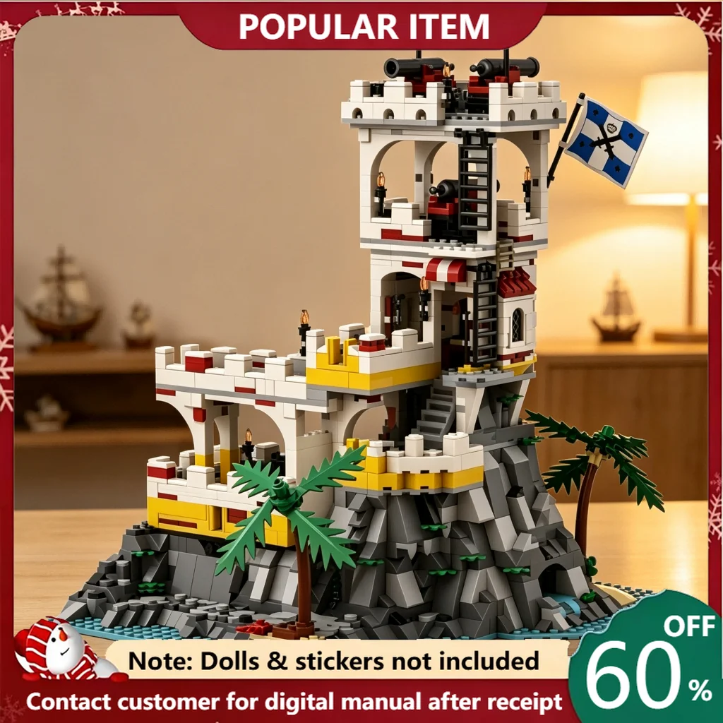 1782 PCS Classic Island Fortress Defense Tower Modular Building Blocks Set Historic Sentry Model Creative Display Collectible
