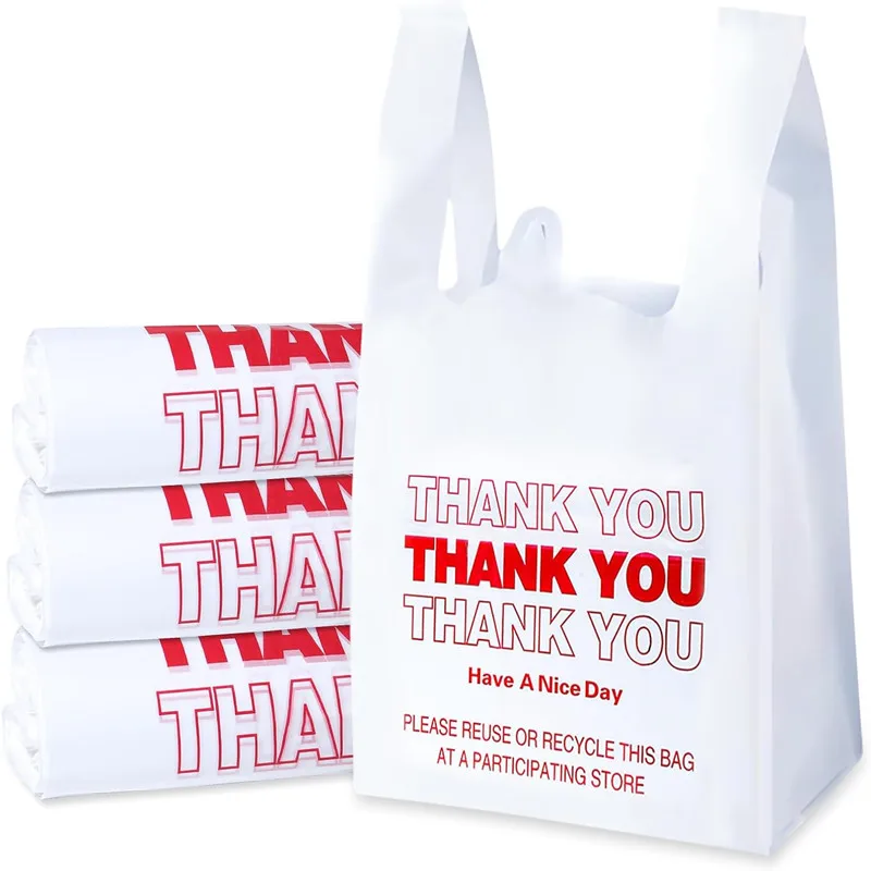 50 Pcs Transparent Thank you Gift Bag Packaging Bags With Handle For Small Business Store Supermarket Jewelry Home Storage