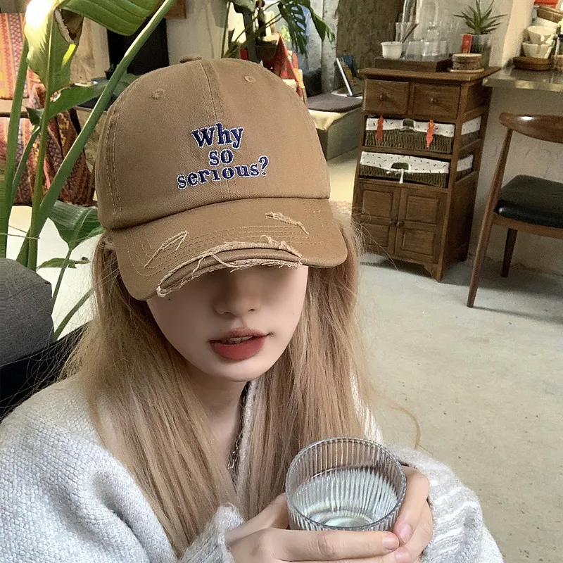 Korean Trend Retro Hole Why So Serious Letter Embroidered Cap Women Spring Summer Outdoor Leisure Men Adjustable Baseball Hat image 2