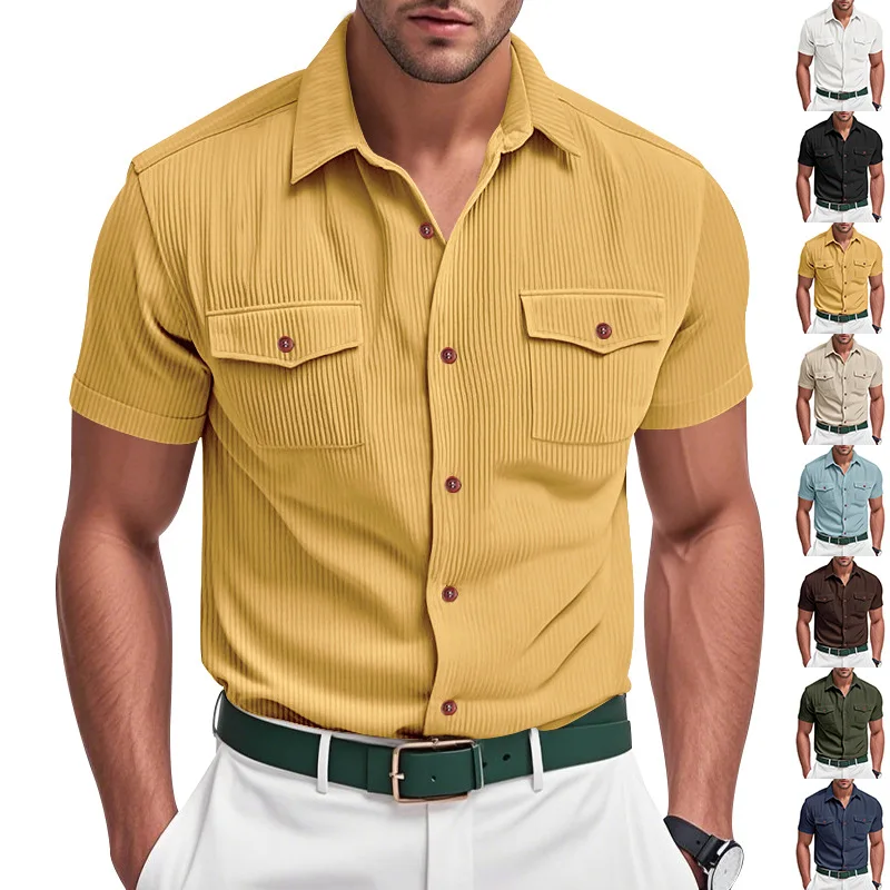

Men's Casual Short Sleeve T-Shirt Shirt 2025 Corduroy Fabric Solid Color & Multi-Pocket Cargo Design Workwear-Inspired