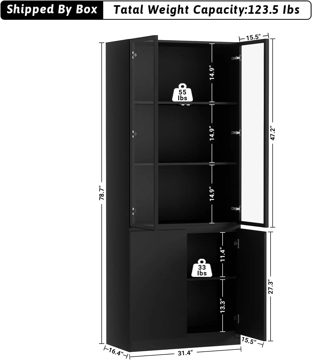 78.7''Tall Storage Cabinet with Glass Doors and LED Light, NiteCore Extreme, 5-Tier glass display cabinets,