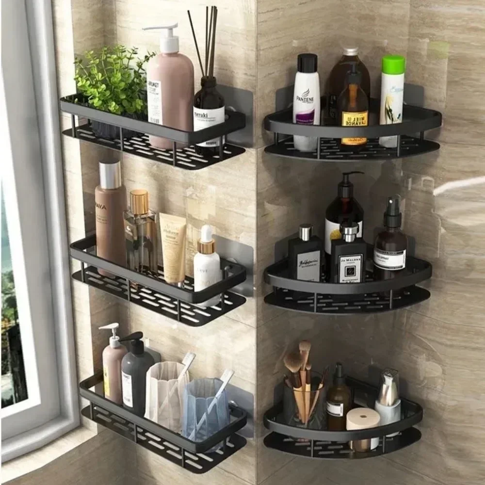 2024 Bathroom Rack Cosmetics Black Shampoo Shower Gel Storage Rack New Bathroom Accessories Non Diamond Wall Rack