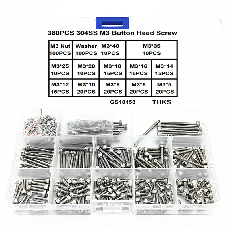 380Pcs M3 Series Stainless Steel Hex Socket Cap Head Screws, Nuts & Flat Washers Assortment Kit