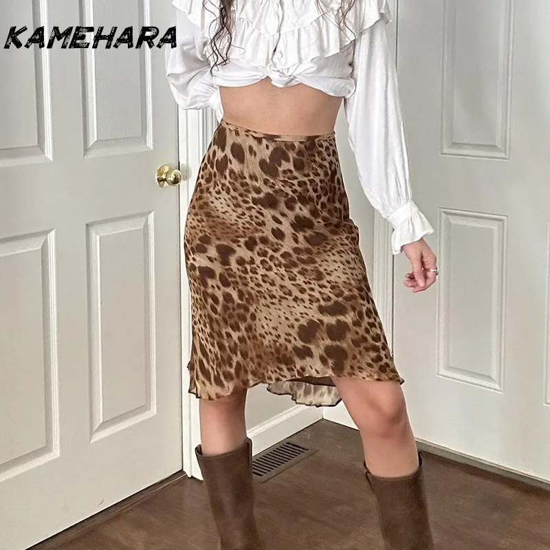 

KAMEHARA Американская уличная сетчатая юбка с леопардовым принтом Spicy Girl с низкой талией, облегающая юбка средней длины с плотным краем 니트 스커트