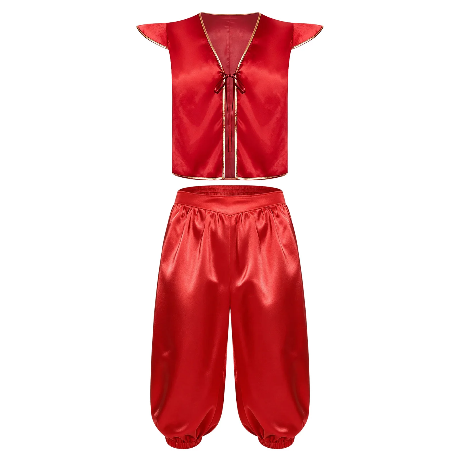 Men Arabian Prince Cosplay Outfit Fly Sleeve Metallic Trim Satin Vest with Short Pants for Halloween Carnival Medieval Costume - view 5