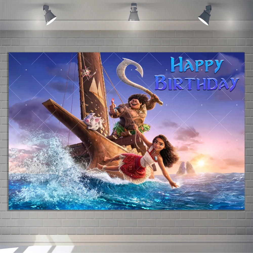 Disney Moana ภาพพื้นหลังที่กําหนดเองเด็กหญิงวันเกิด Baby Shower BANNER การถ่ายภาพตกแต่ง Props อุปกรณ์