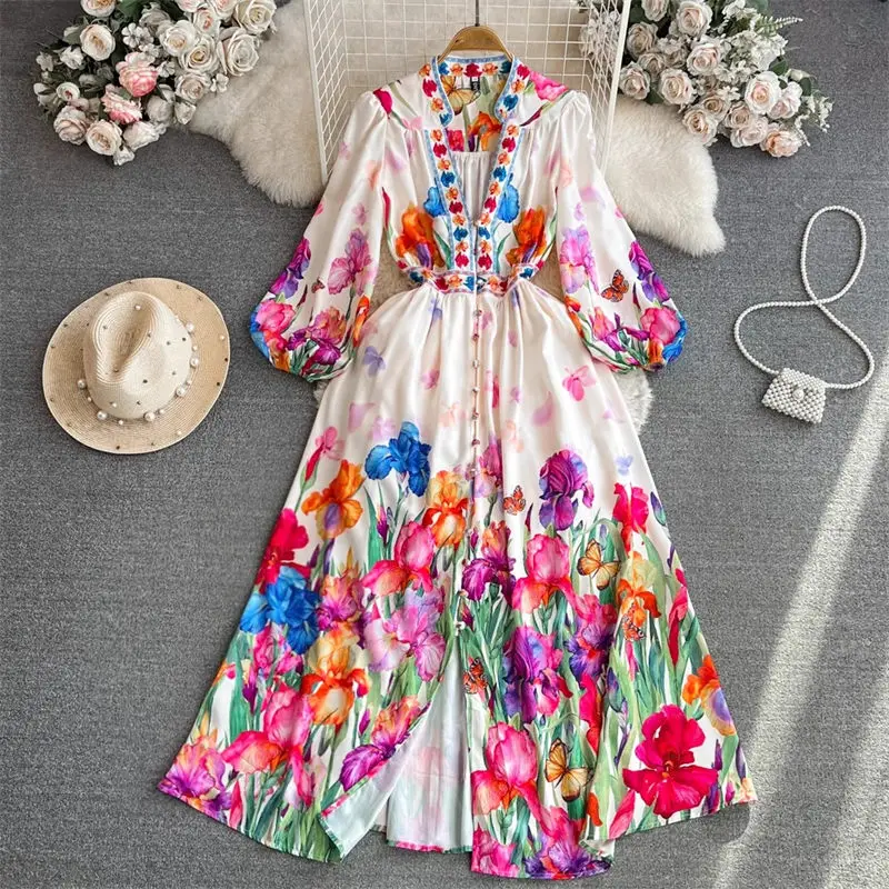 

Vintage Court Style Print Dress Long Sleeve V-Neck Slim Single Breasted A Line Elegant Luxury Even Dressing For Women Robe Z3846