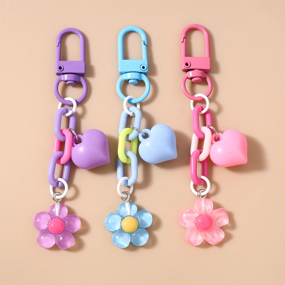 

Pretty Flower Keychain Love Heart Key Ring Pendant for Women Girls Handbag Decor DIY Handmade Jewelry Gifts