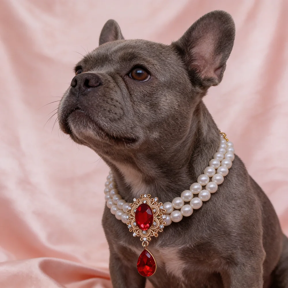 2 Row Pearls Collar for Small Dogs Cats Necklace with Diamond Charms Handmade Pearl Cat Collar Jewelry Accessories for Puppy