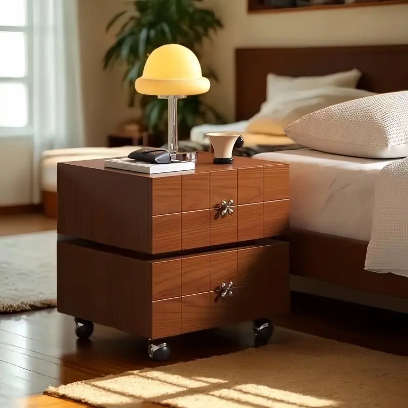 

Vintage Rotating Nightstand Solid Wood Swivel Bedside Table Mobile Drawer Storage Cabinet Creative Spinning Bedroom Furniture