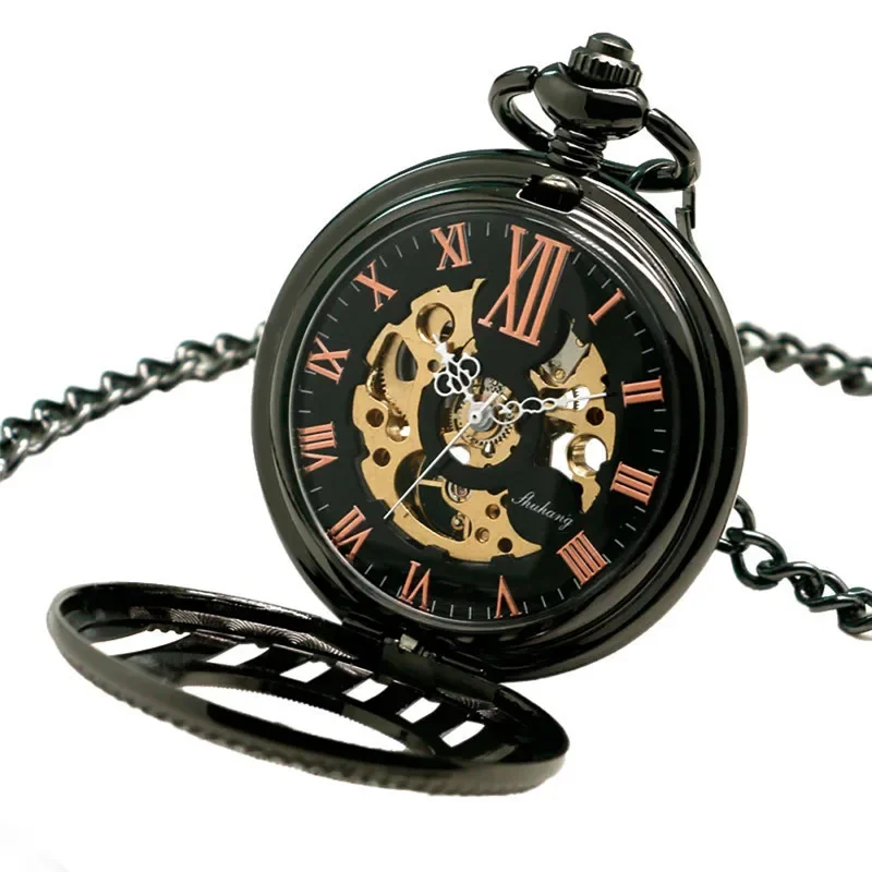 Antique Silver Black Unisex Pocket Watch Handwinding Mechanical Skeleton Watches Roman Number Clock with Pendant Chain Reloj