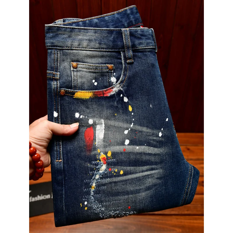 Paint Print Retro Jeans for Men Street Style Trendy Handsome Men's Clothing Distressed Slim Fit American Style Men's Pants