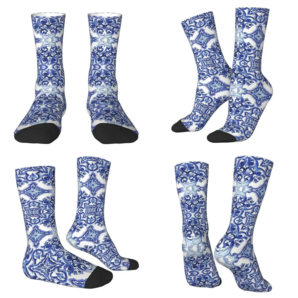 

Синие украшенные цветочным средиземноморским сицилийским плиточным носком, впитывающие пот чулки в стиле Харадзюку, длинные носки для подарка на день рождения унисекс