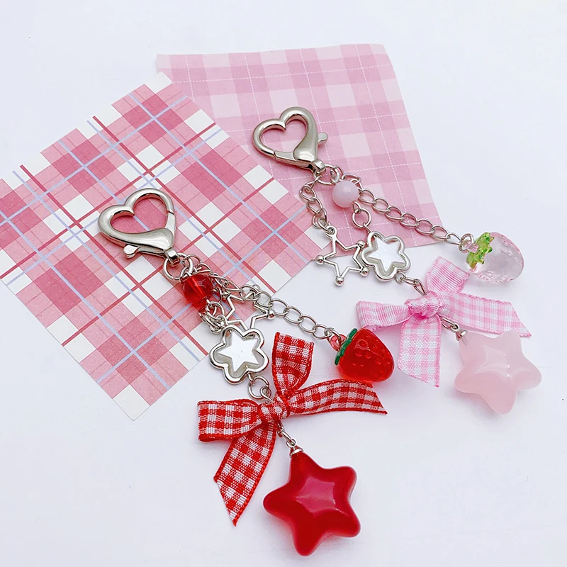 Fashion Strawberry Bow Beaded Mobile Phone Lanyard Sweet Keychain Pendant Camera Pendant Backpack Hanging Decoration Gifts