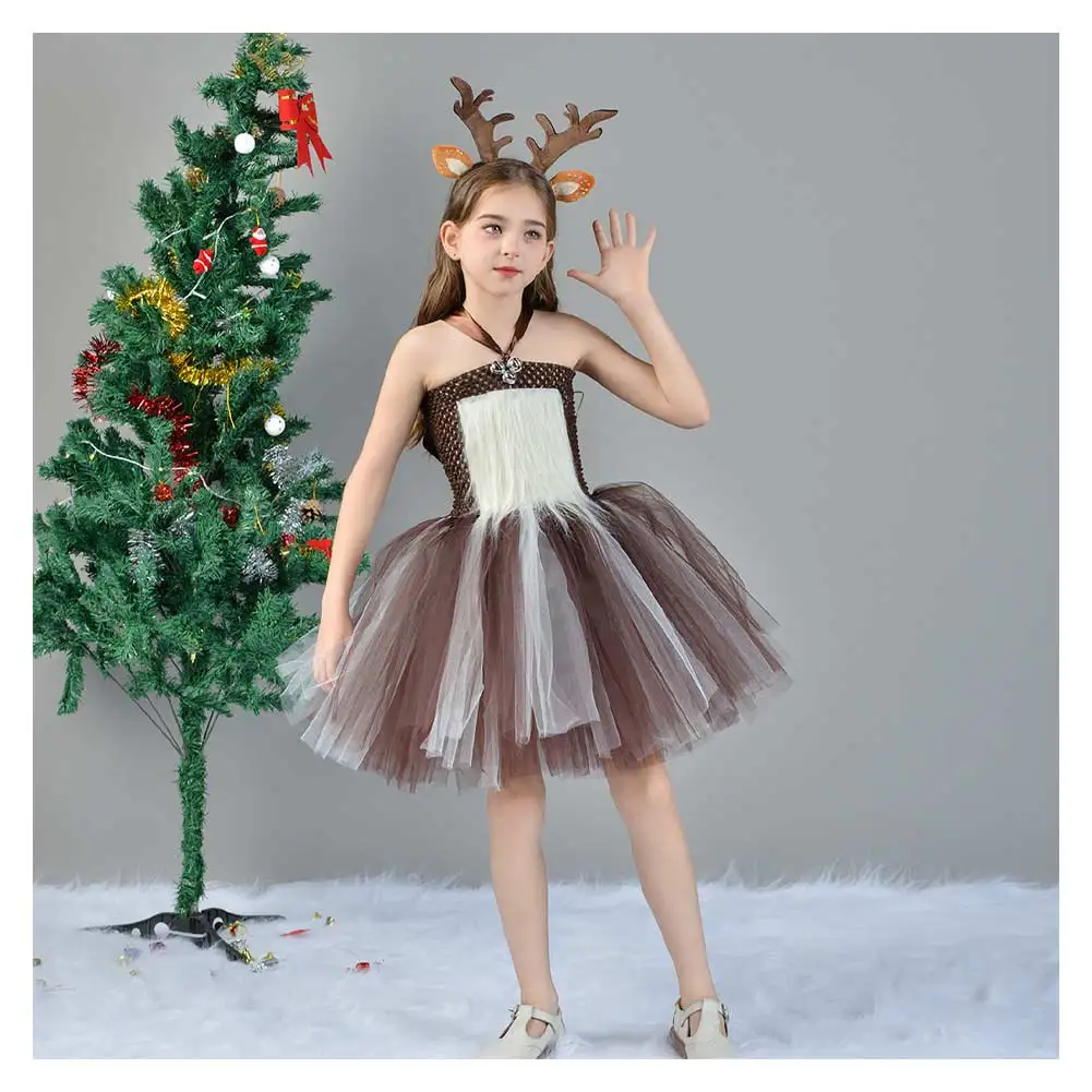 Kids Girls Elk Cosplay Reindeer Tutu Dress Costume Christmas Stage Performance Children Clothing Headband Halloween Party Suit