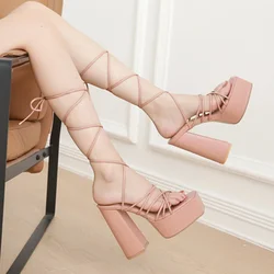 Women's Waterproof Sandals Square Head Ultra-high Heels  Anklet Straps Thick High Heels Banquet Shoes