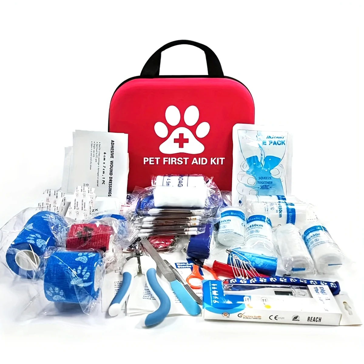 A portable pet first aid kit: provides emergency travel supplies for dogs and cats - including scissors, tweezers, etc.