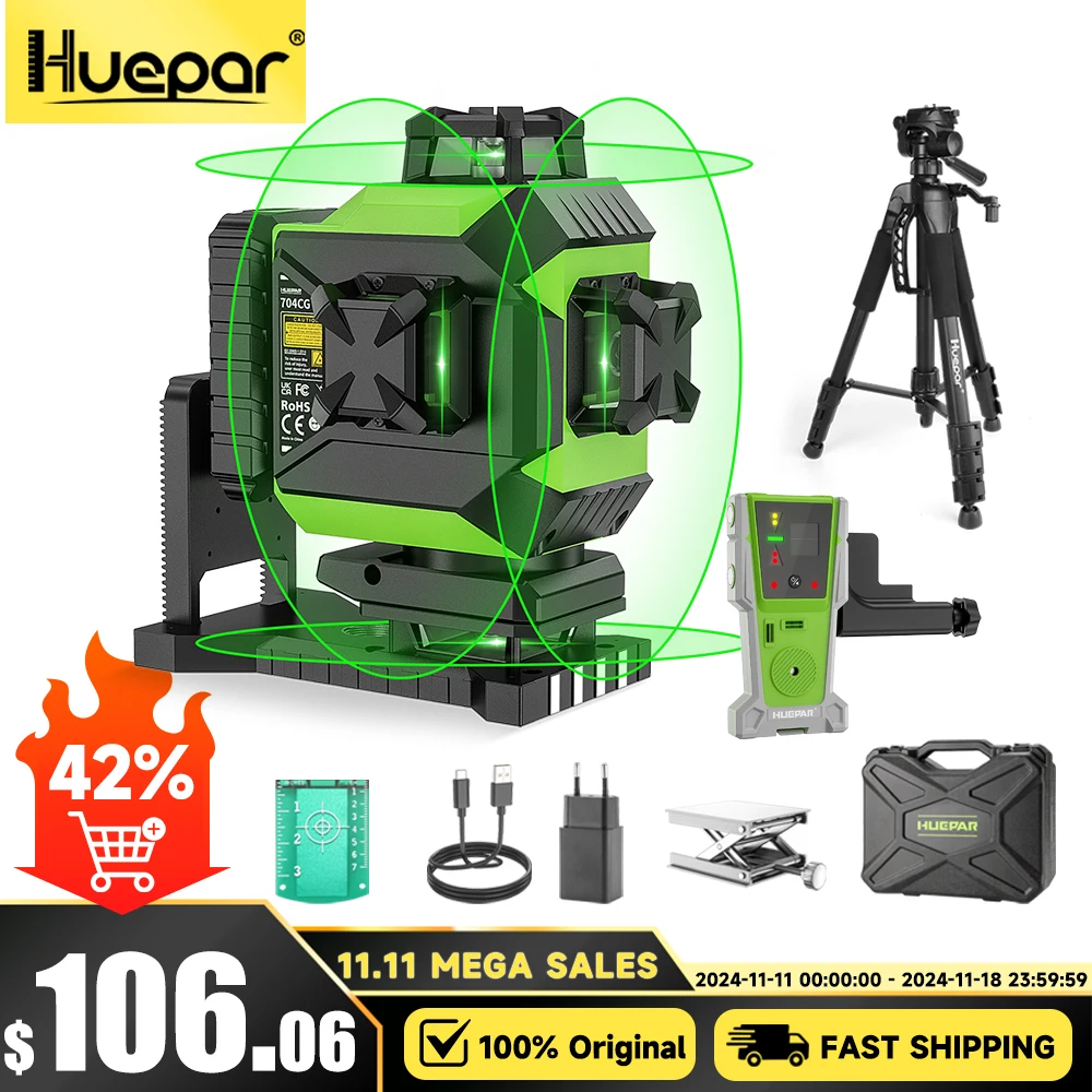 Huepar 704CG 16 Lines Laser Level 4D Self-Leveling Cross Line Green Level Adjust Bright Alignment Laser Tool with Li-ion Battery