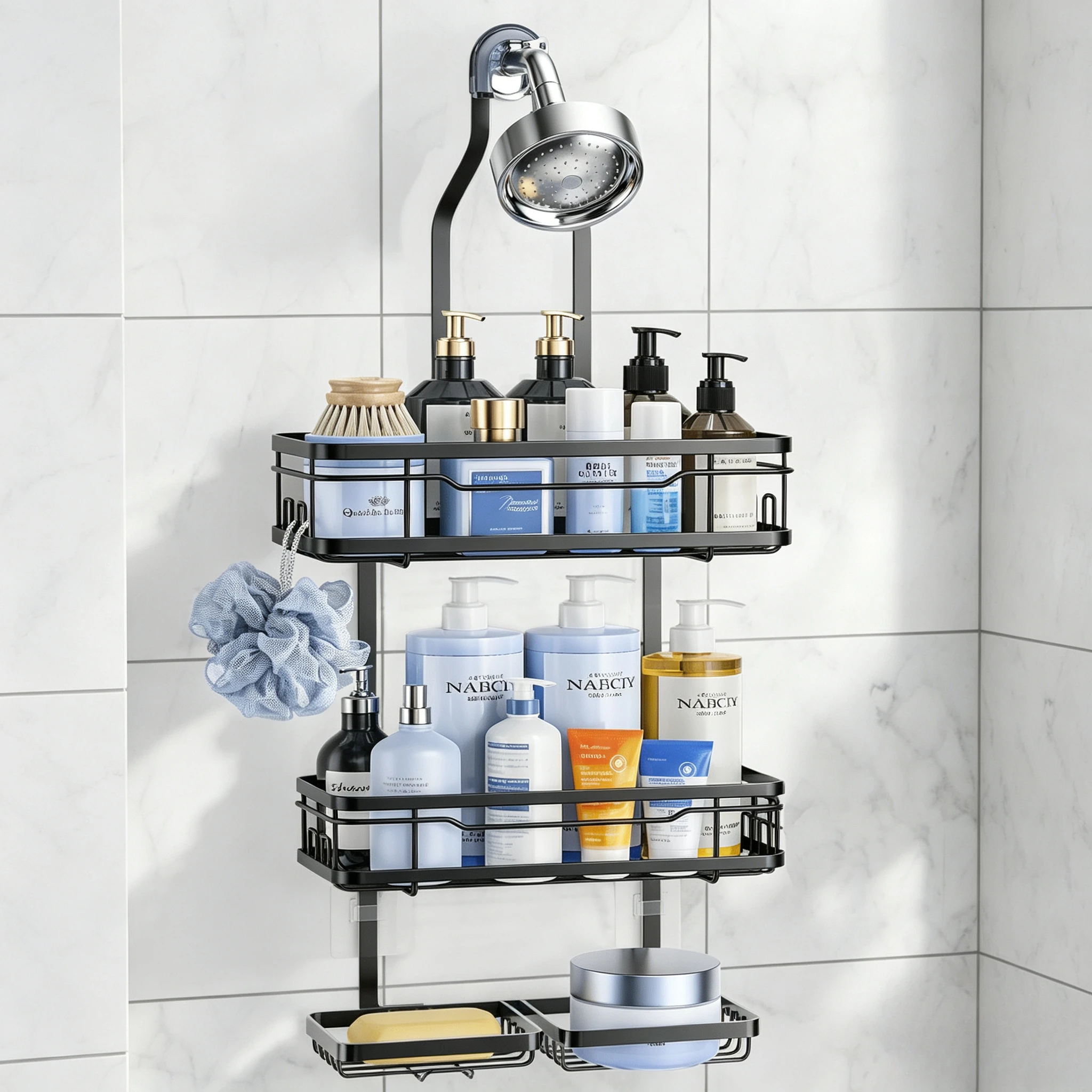 Hanging Shower Caddy Over Shower Head, Adjustable Rustproof Shower Organizer with Soap Holder & Towel Hooks, No-Drill Bathroom Shelf Rack for Shampoo & Shower Gel, Black