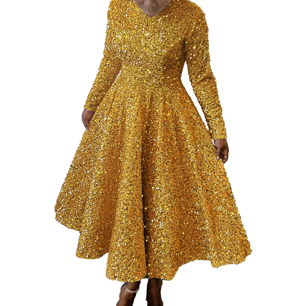 2024 Vintage-Mode Pailletten Frauen Kirche Swing Kleider Lange Hülse O-ansatz Hohe Taille Elegante Glitter Bankett Party Abendkleid – Detail 2