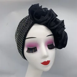 Full Body Rhinestones Mesh Women's Turban Cap Cross Twist Female Headscarf Bonnet African Head Wraps Lady Headwear Indian Hat