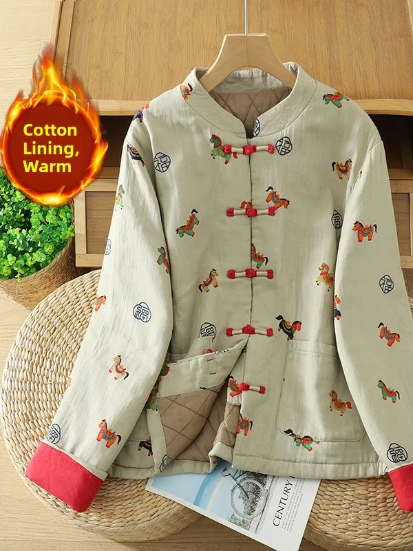 

Retro Chinese Sle Cotton Jaet Casual All-Match Button Design Women's Winter Coat Thiened Long Sve Stand Collar