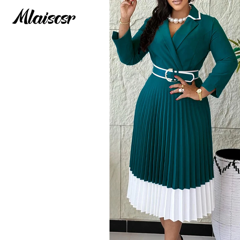 Mlaiscsr Green African Full Sleeve Notched Neck High Waist Pleated Mid Dress with Belt Women Office Evening Guest Gowns Robe