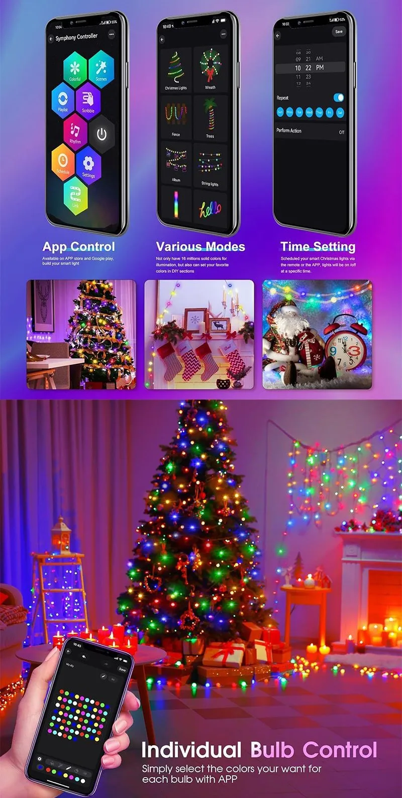 RGBIC USB LED String Lights DIY Outdoor Christmas Tree Decor Fairy Lights 8 Modes Bluetooth APP For Wedding Holiday Party Lighti
