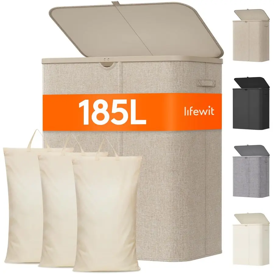 

185L Large 3 Section Laundry Hamper with Lid, Plastic Laundry Basket with Bamboo Handles and Removable Bags, Tall Foldable Cloth