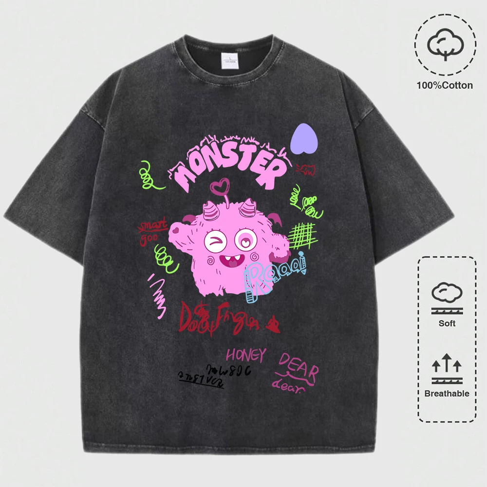 

Cute Pink Plush Little Monster Printed Snow Wash T Shirt Man Summer Casual Top Loose Washed T-Shirts Cotton Soft Short Sleeve