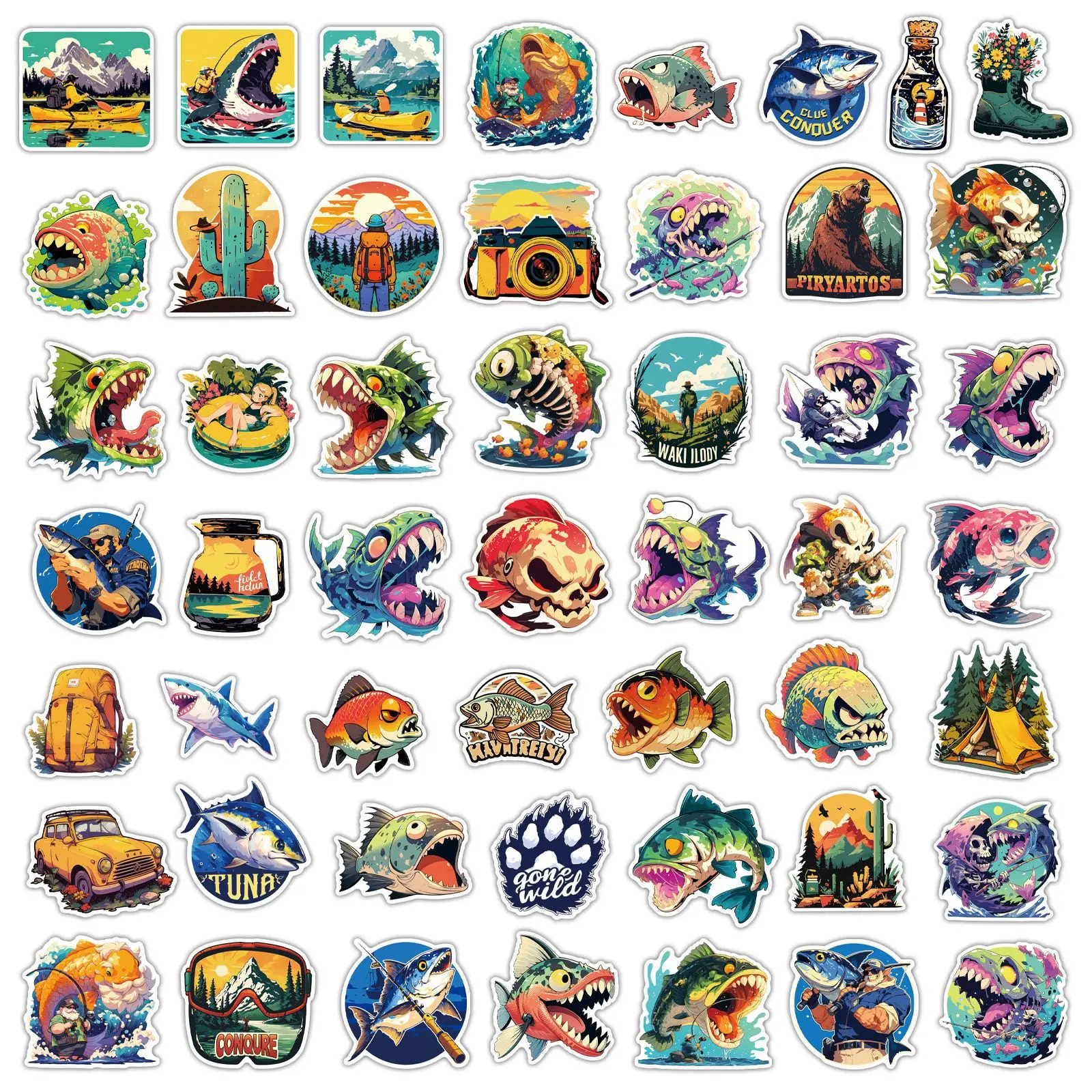 50pcs Cute Cartoon Illustration Fishing Shark Suitcase Water Cup Waterproof Sticker