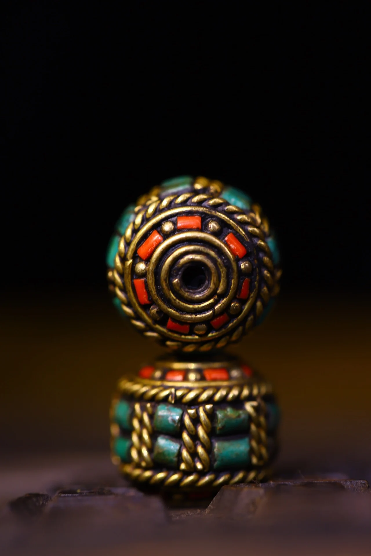 1"Tibetan Temple Collection Old Tibetan silver Gilded Filigree Mosaic Gem Turquoise Buddha Beads A Pair Pendant Amulet Dharma