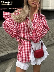 Clacive Fashion Loose Plaid Cotton Women Blouse 2024 Casual Lapel Long Sleeve Shirts Elegant Classic Ruffle Top Female Clothing