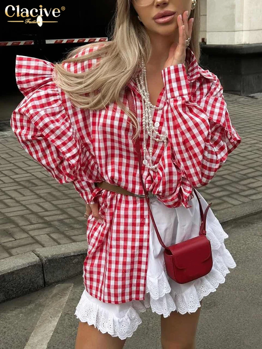 Clacive Fashion Luźna bawełniana bluzka damska w kratę 2024 Casualowe koszule z długim rękawem z klapami Elegancka klasyczna odzież damska z falbanką