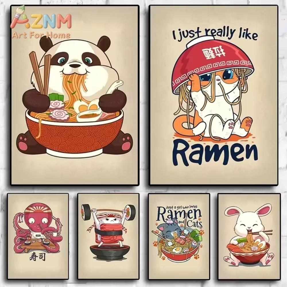 

1 шт. Постер в стиле поп-арт с милыми животными и едой: рамен, суши, панда, кошка, кролик. Картина на холсте, настенный декор для дома, кавайный декор для комнаты.